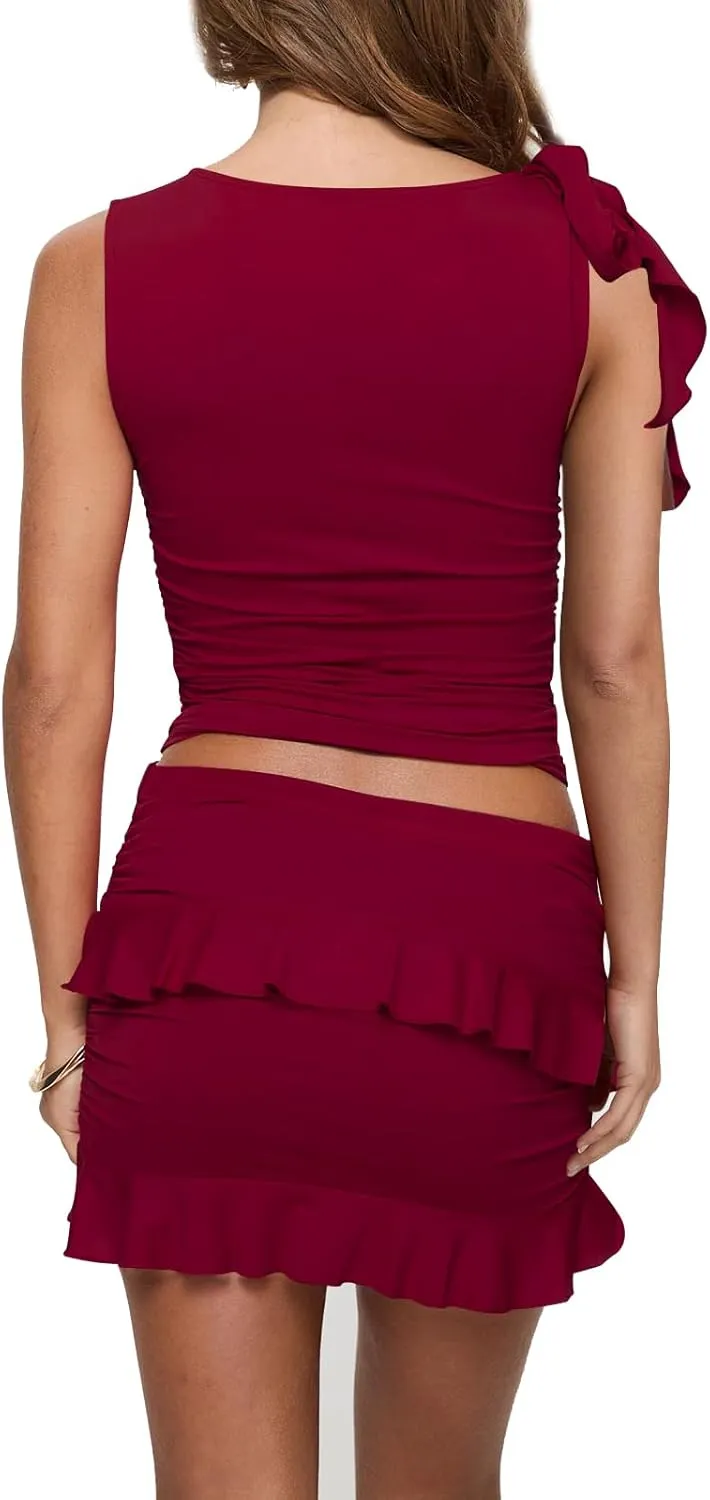 2 Piece Sets for Women Y2k Going Out Ruffle Trim Ruched Tank Top And High Waist Skirt Set Club Mini Dress