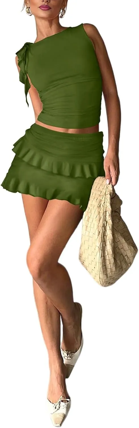 2 Piece Sets for Women Y2k Going Out Ruffle Trim Ruched Tank Top And High Waist Skirt Set Club Mini Dress