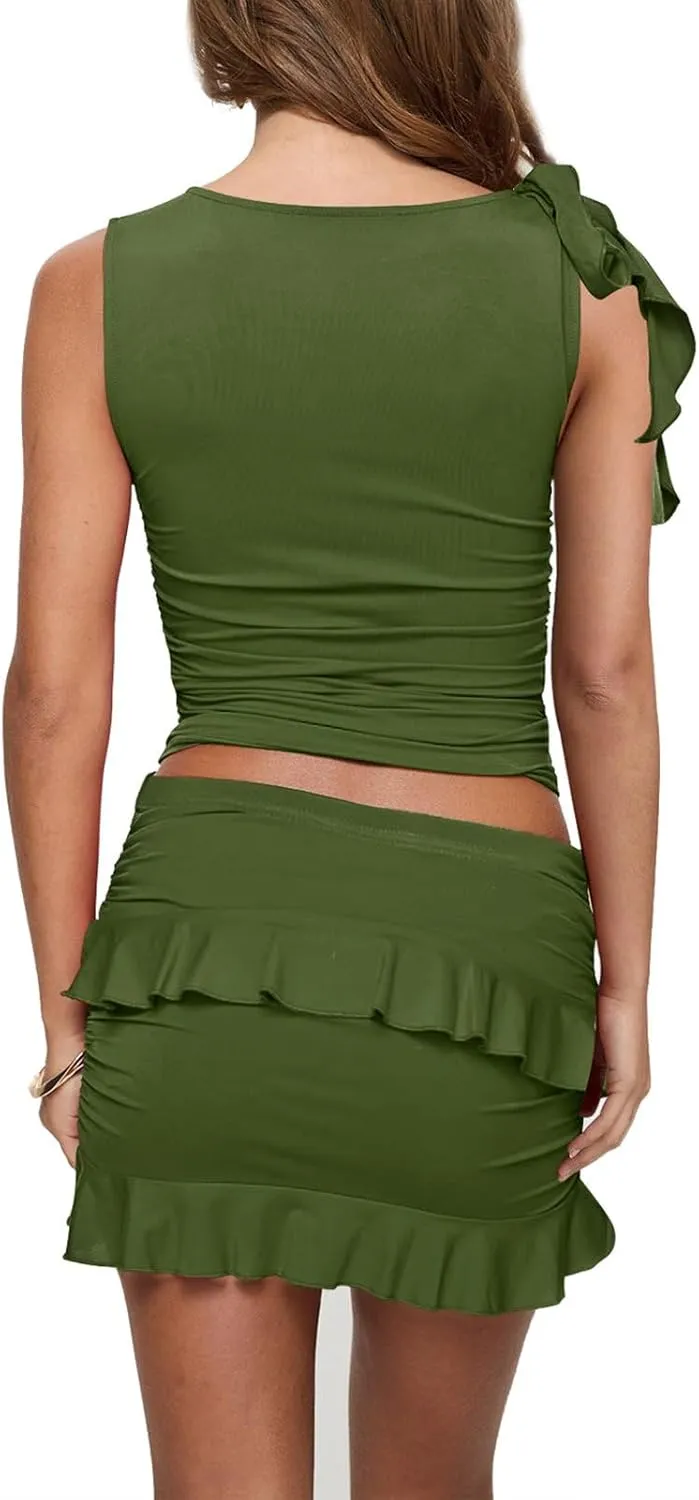 2 Piece Sets for Women Y2k Going Out Ruffle Trim Ruched Tank Top And High Waist Skirt Set Club Mini Dress