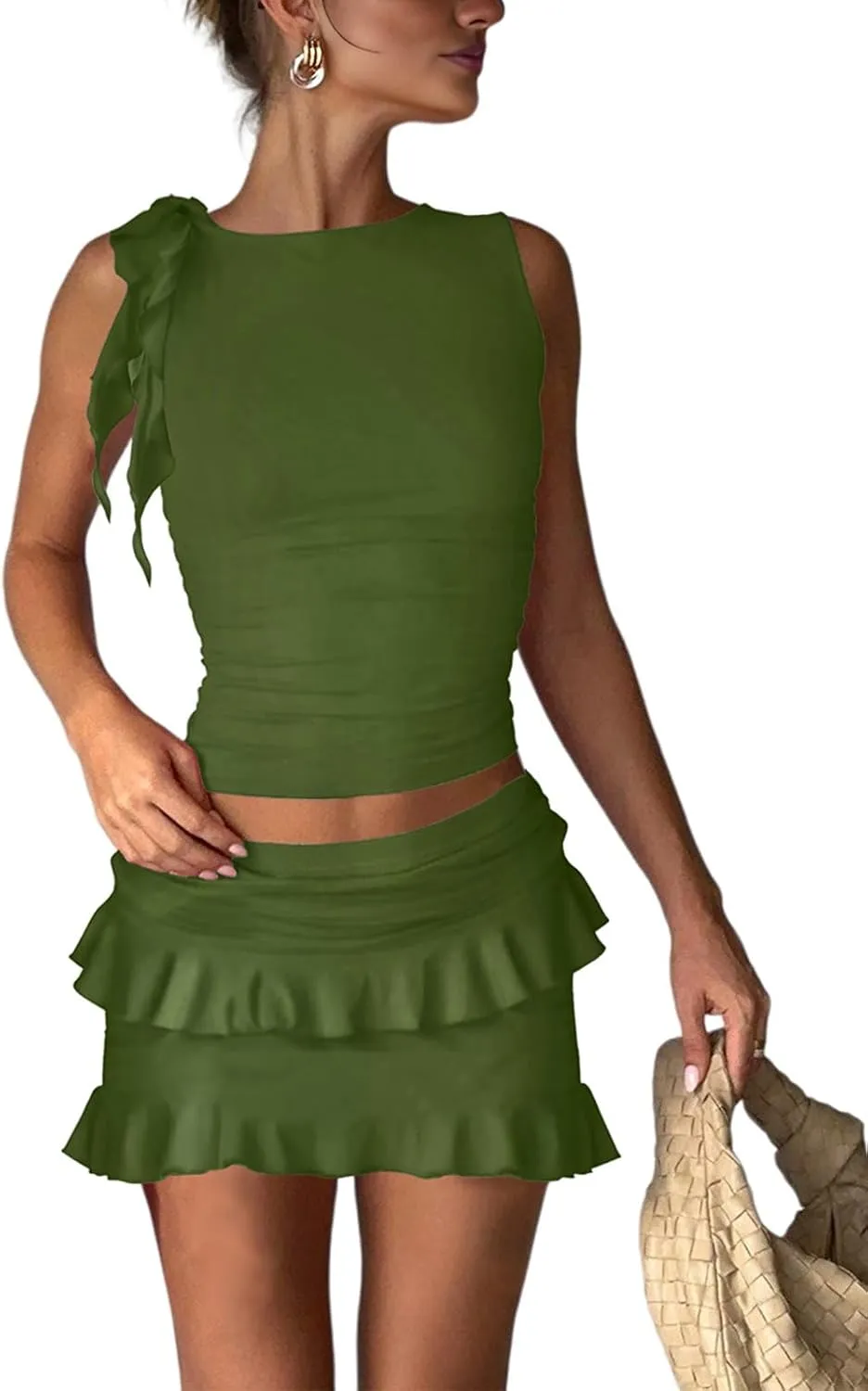 2 Piece Sets for Women Y2k Going Out Ruffle Trim Ruched Tank Top And High Waist Skirt Set Club Mini Dress