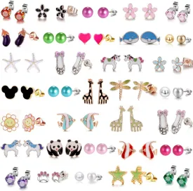 33 Pairs Stainless Steel Cartoon Earrings for Girls - Hypoallergenic Colorful Stud Earing Set, Mix & Match Cute Earring for Teens, Kids, Doll Dressup Accessories