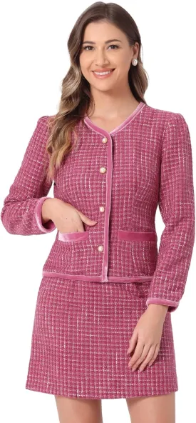 Allegra K Business Suit Set for Women's 2 Piece Outfits Plaid Tweed Easter Short Blazer Jacket and Skirt Sets
