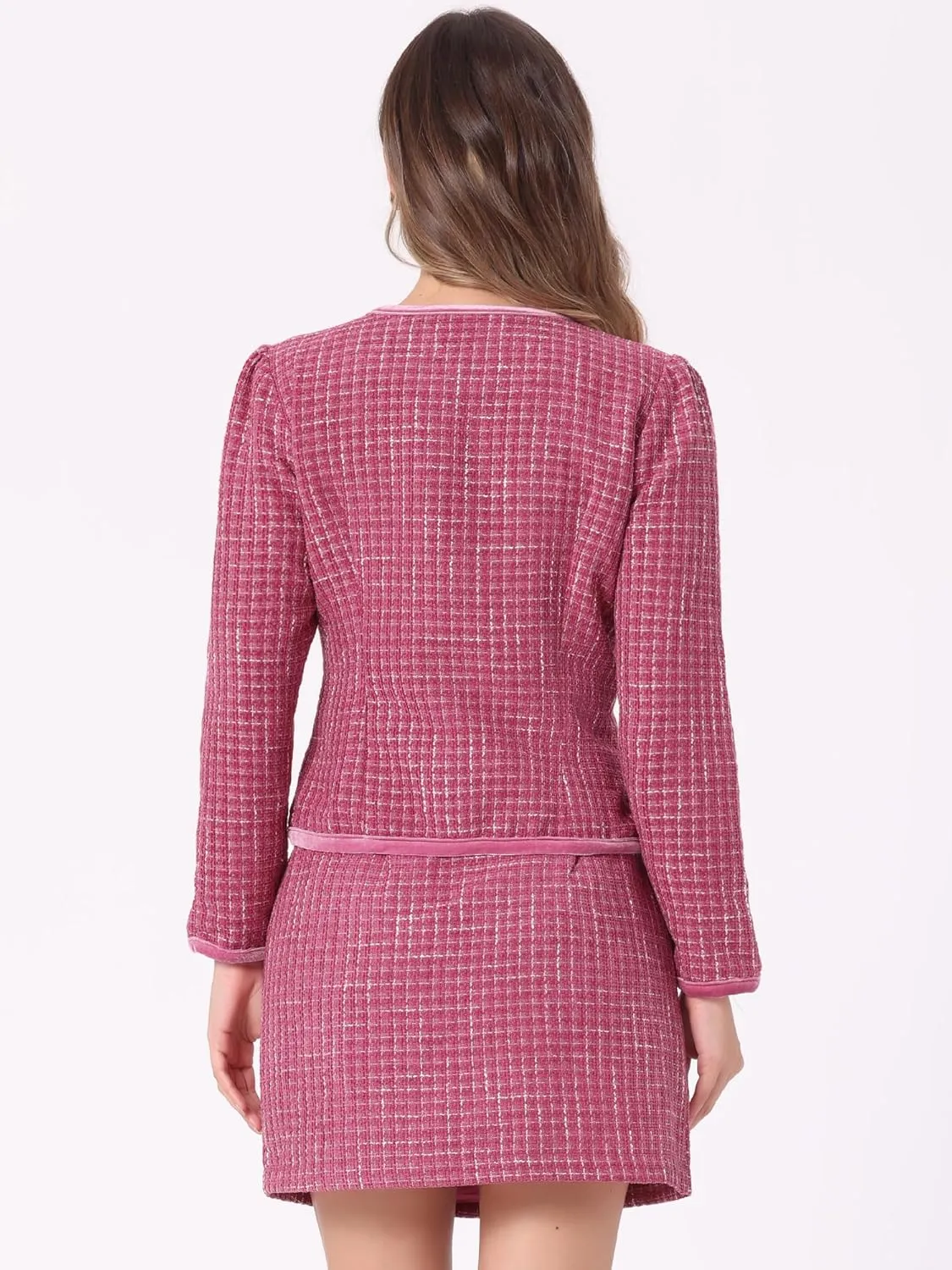 Allegra K Business Suit Set for Women's 2 Piece Outfits Plaid Tweed Easter Short Blazer Jacket and Skirt Sets