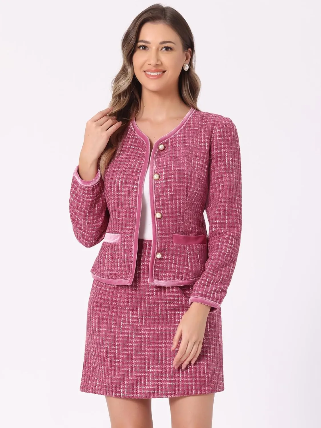 Allegra K Business Suit Set for Women's 2 Piece Outfits Plaid Tweed Easter Short Blazer Jacket and Skirt Sets