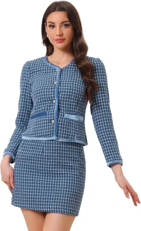 Allegra K Business Suit Set for Women's 2 Piece Outfits Plaid Tweed Easter Short Blazer Jacket and Skirt Sets