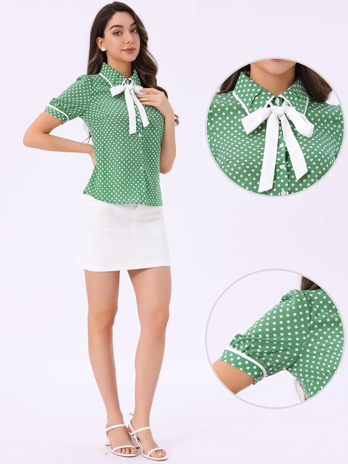 Allegra K Polka Dots Blouse for Women's Peter Pan Collar Bow Tie Neck Puff Sleeve Vintage Shirt Top