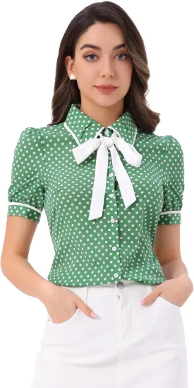 Allegra K Polka Dots Blouse for Women's Peter Pan Collar Bow Tie Neck Puff Sleeve Vintage Shirt Top