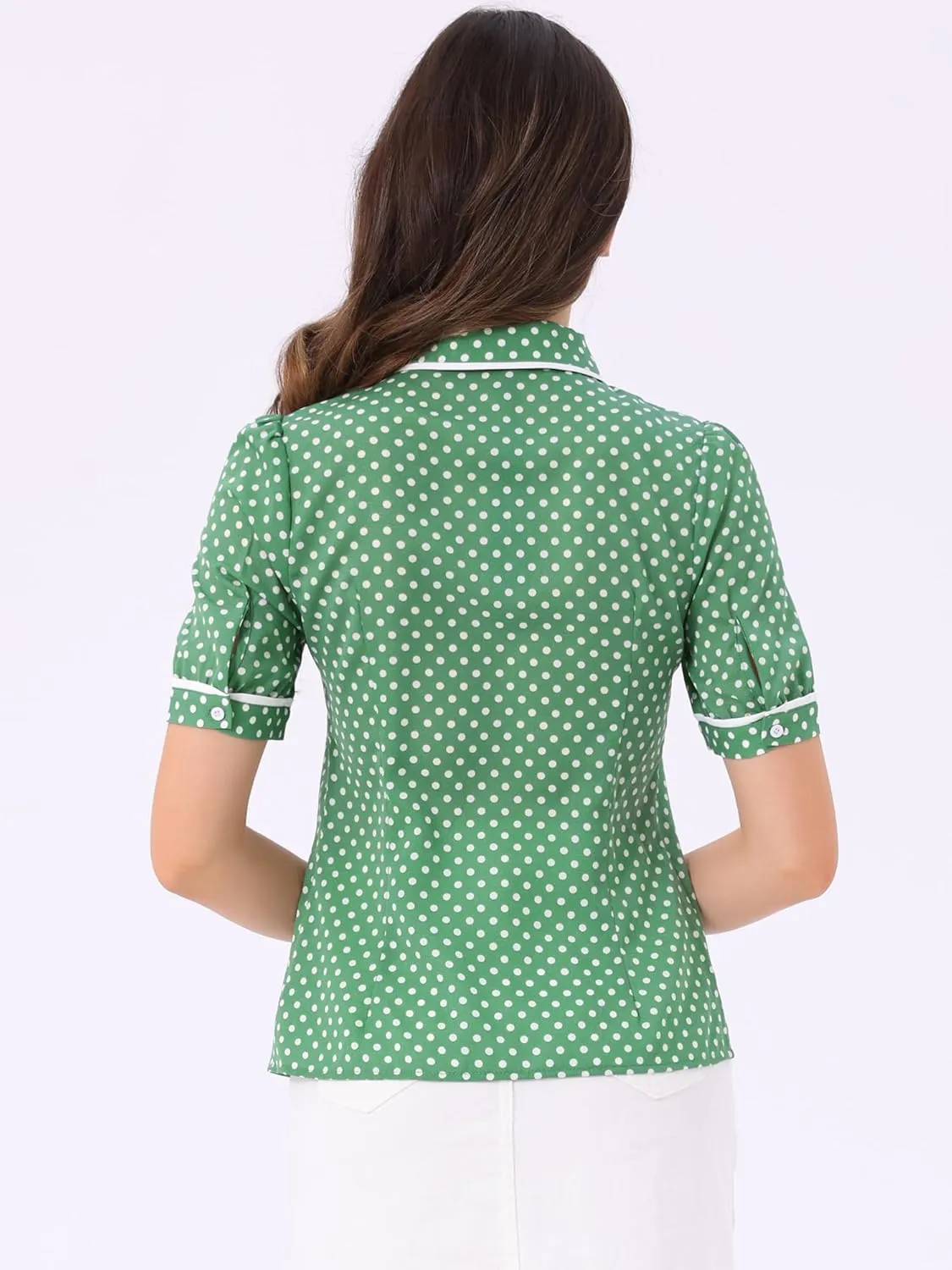 Allegra K Polka Dots Blouse for Women's Peter Pan Collar Bow Tie Neck Puff Sleeve Vintage Shirt Top