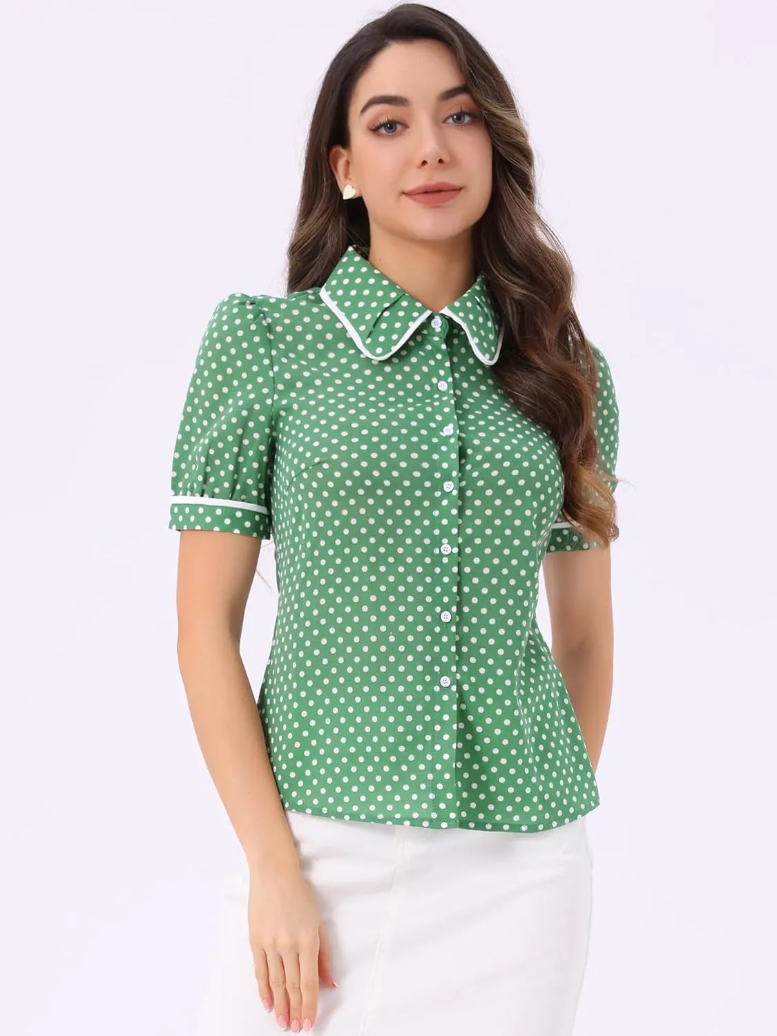 Allegra K Polka Dots Blouse for Women's Peter Pan Collar Bow Tie Neck Puff Sleeve Vintage Shirt Top
