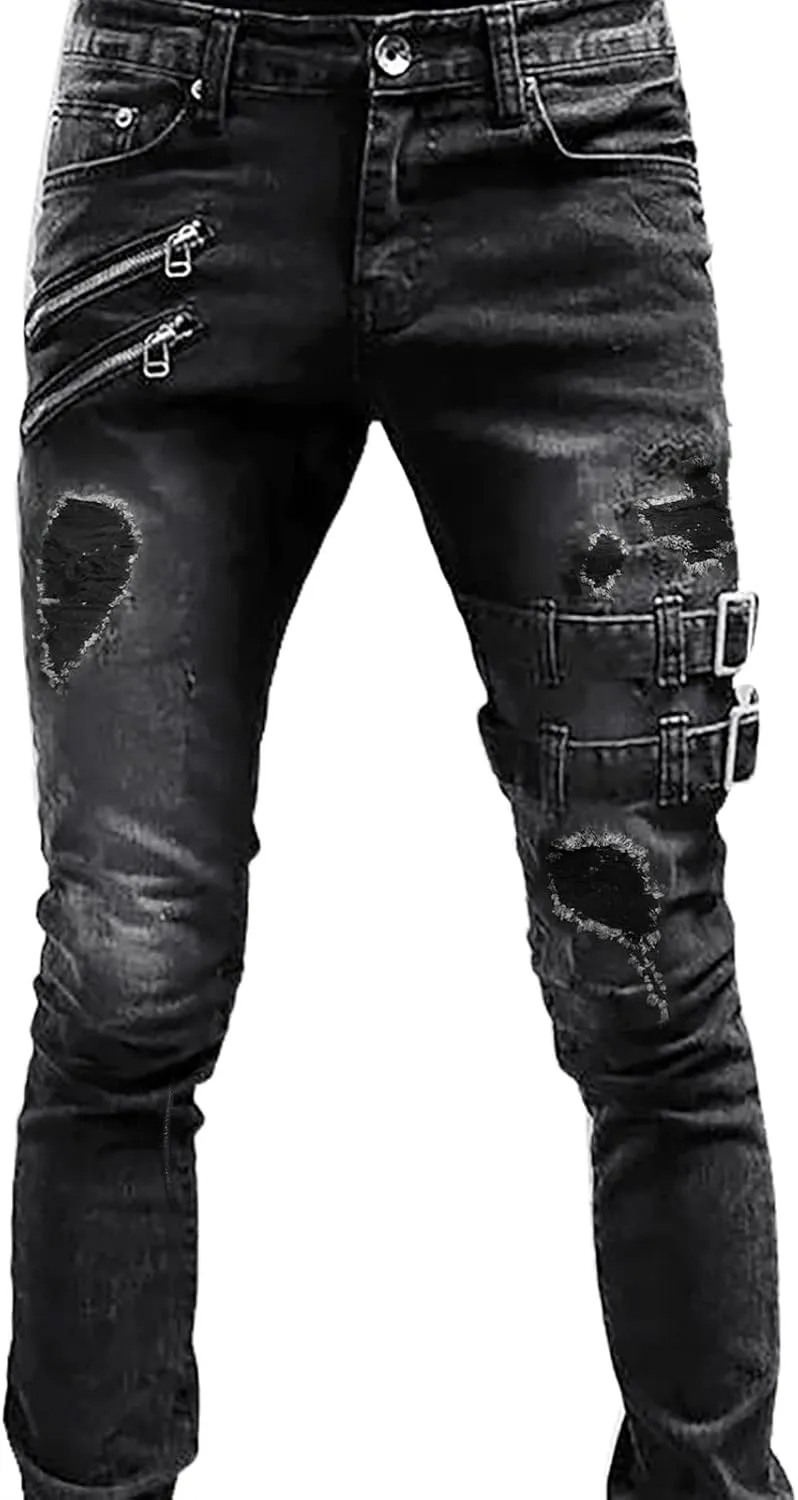 Biker Jeans for Men Ripped Stretch Distressed Jean Slim Fit Tapered Leg Hip Hop Casual Punk Gothic Zipper Denim Pants