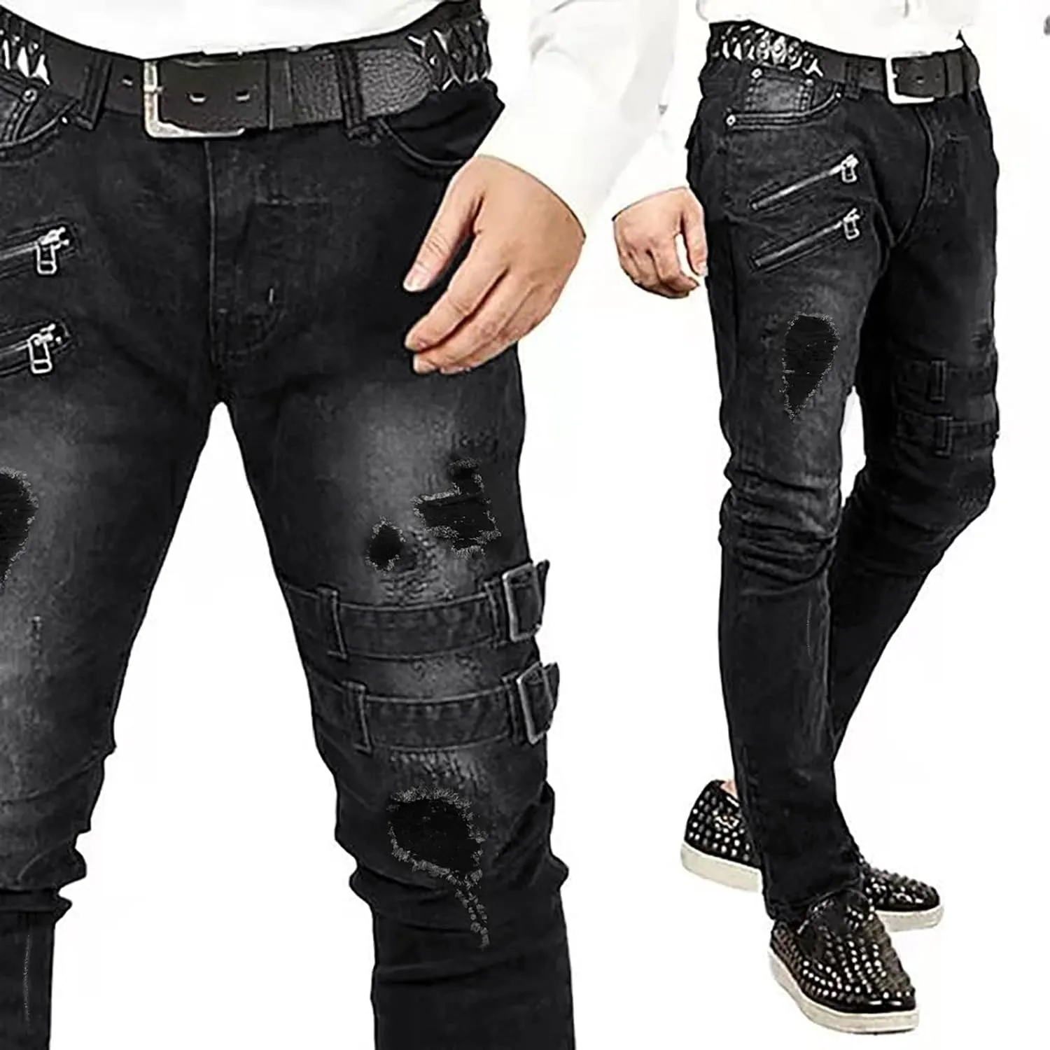 Biker Jeans for Men Ripped Stretch Distressed Jean Slim Fit Tapered Leg Hip Hop Casual Punk Gothic Zipper Denim Pants