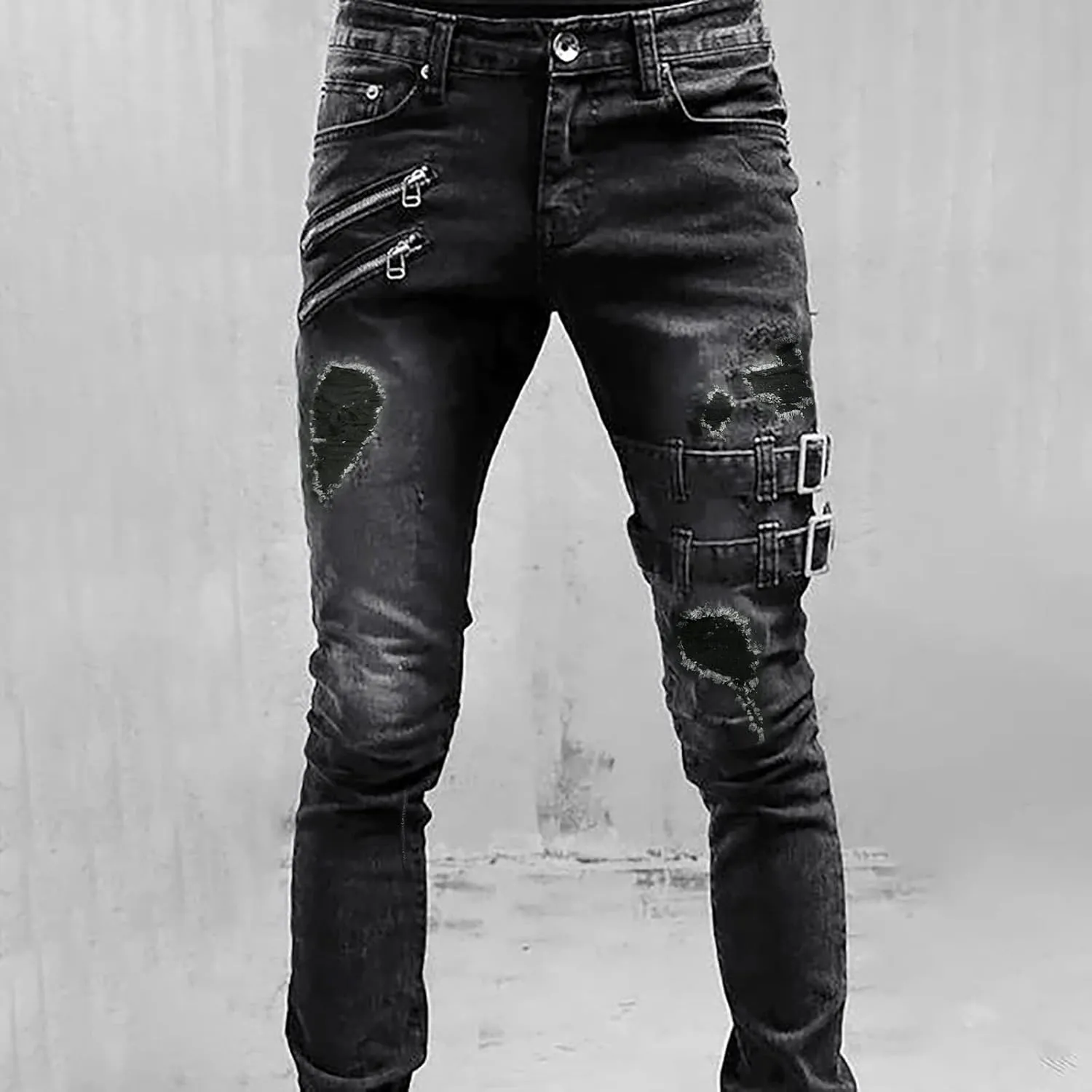 Biker Jeans for Men Ripped Stretch Distressed Jean Slim Fit Tapered Leg Hip Hop Casual Punk Gothic Zipper Denim Pants