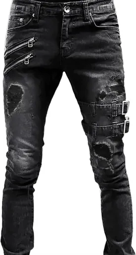Biker Jeans for Men Ripped Stretch Distressed Jean Slim Fit Tapered Leg Hip Hop Casual Punk Gothic Zipper Denim Pants