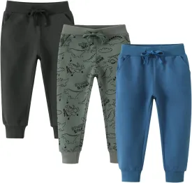 Boys Drawstring Elastic Pants Toddler Cotton Sweatpants Kid Dinosaur Active Jogger Pants with Pockets Multipack