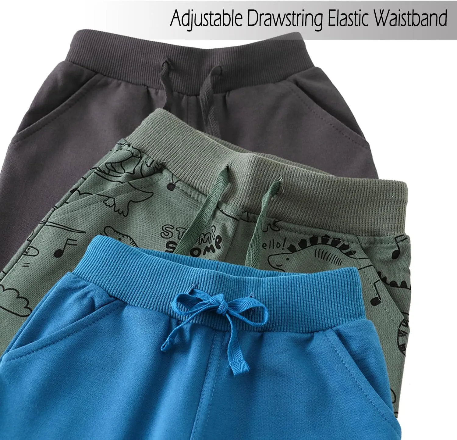 Boys Drawstring Elastic Pants Toddler Cotton Sweatpants Kid Dinosaur Active Jogger Pants with Pockets Multipack