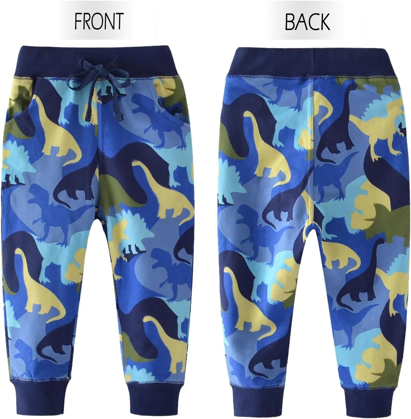 Boys Drawstring Elastic Pants Toddler Cotton Sweatpants Kid Dinosaur Active Jogger Pants with Pockets Multipack
