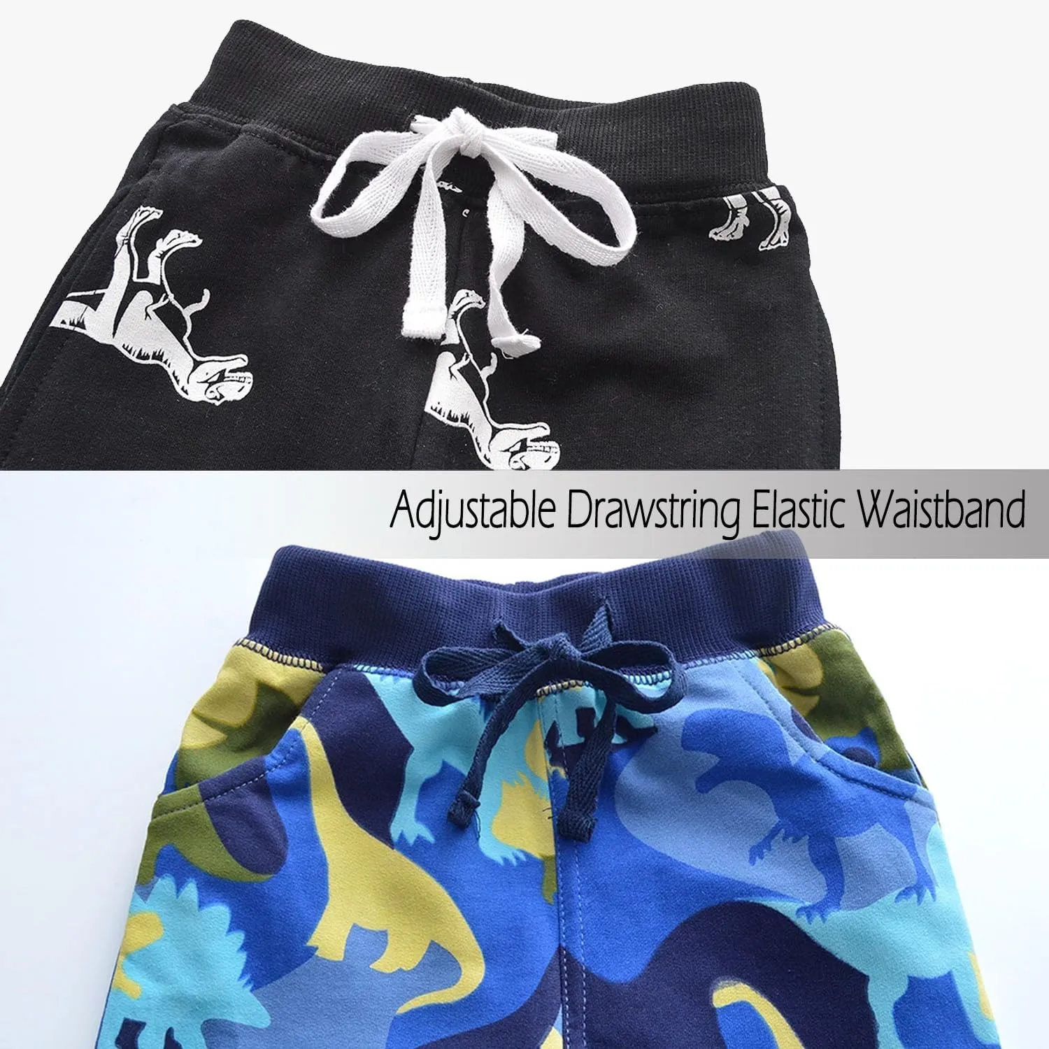 Boys Drawstring Elastic Pants Toddler Cotton Sweatpants Kid Dinosaur Active Jogger Pants with Pockets Multipack