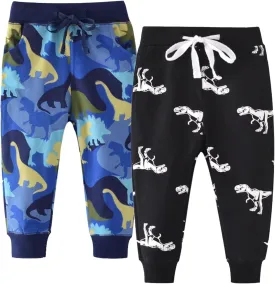 Boys Drawstring Elastic Pants Toddler Cotton Sweatpants Kid Dinosaur Active Jogger Pants with Pockets Multipack