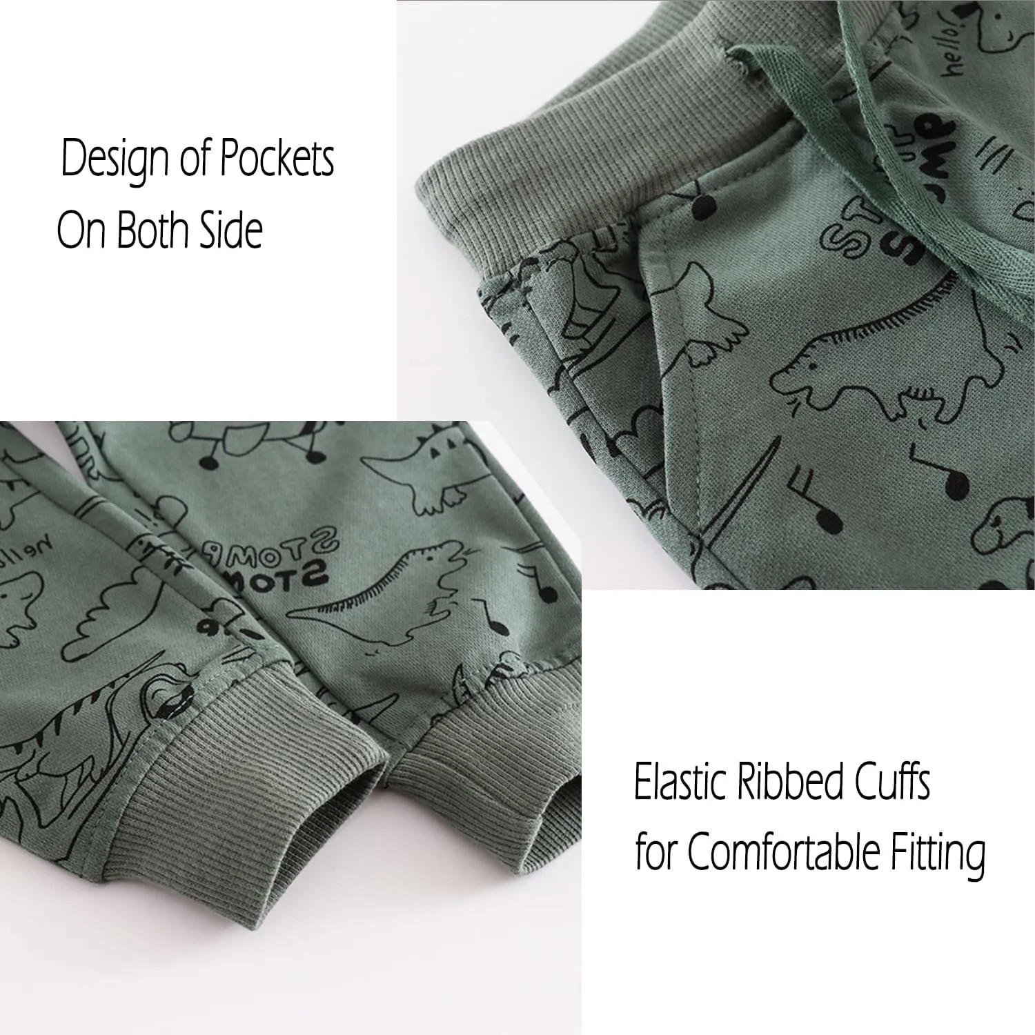 Boys Drawstring Elastic Pants Toddler Cotton Sweatpants Kid Dinosaur Active Jogger Pants with Pockets Multipack