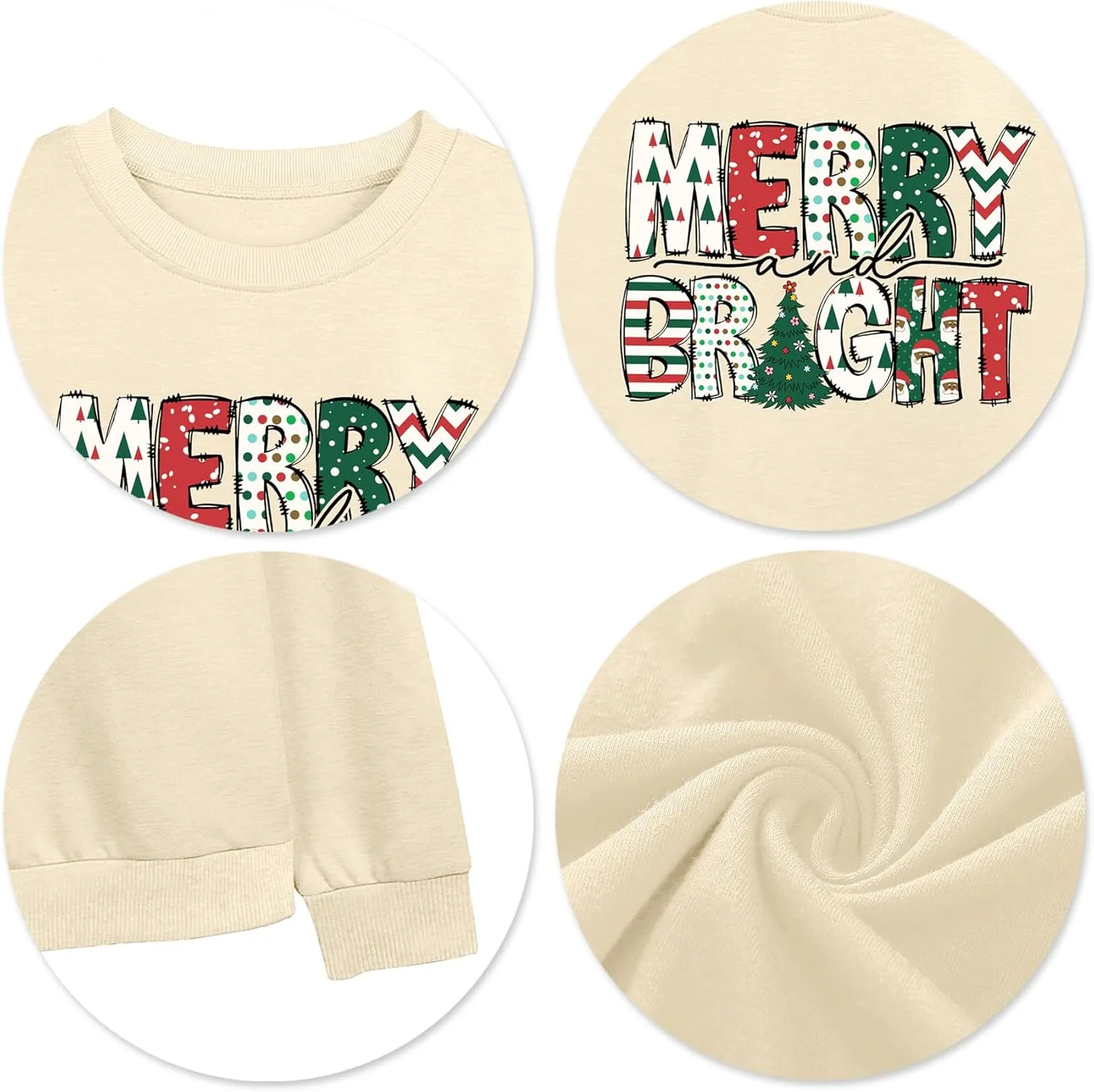 Christmas Sweatshirt Women Merry and Bright Christmas T-Shirt Funny Xmas Lights Blouse Tops Holiday Shirts