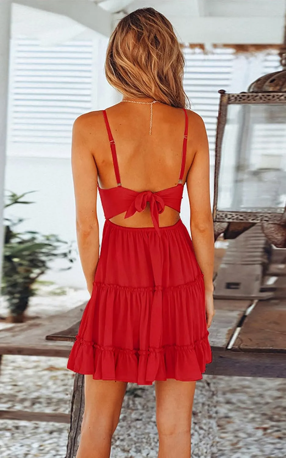 ECOWISH Summer Dresses for Women 2025 V-Neck Spaghetti Strap Bowknot Backless Sleeveless Lace Mini Swing Skater Dress