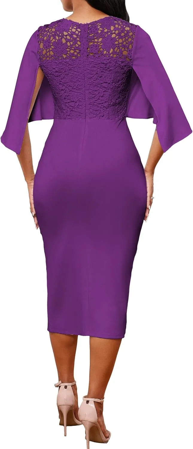 Elegant Dresses for Women Wear to Work Long Sleeve Cocktail Business Knee Length Pencil Lace Dress
