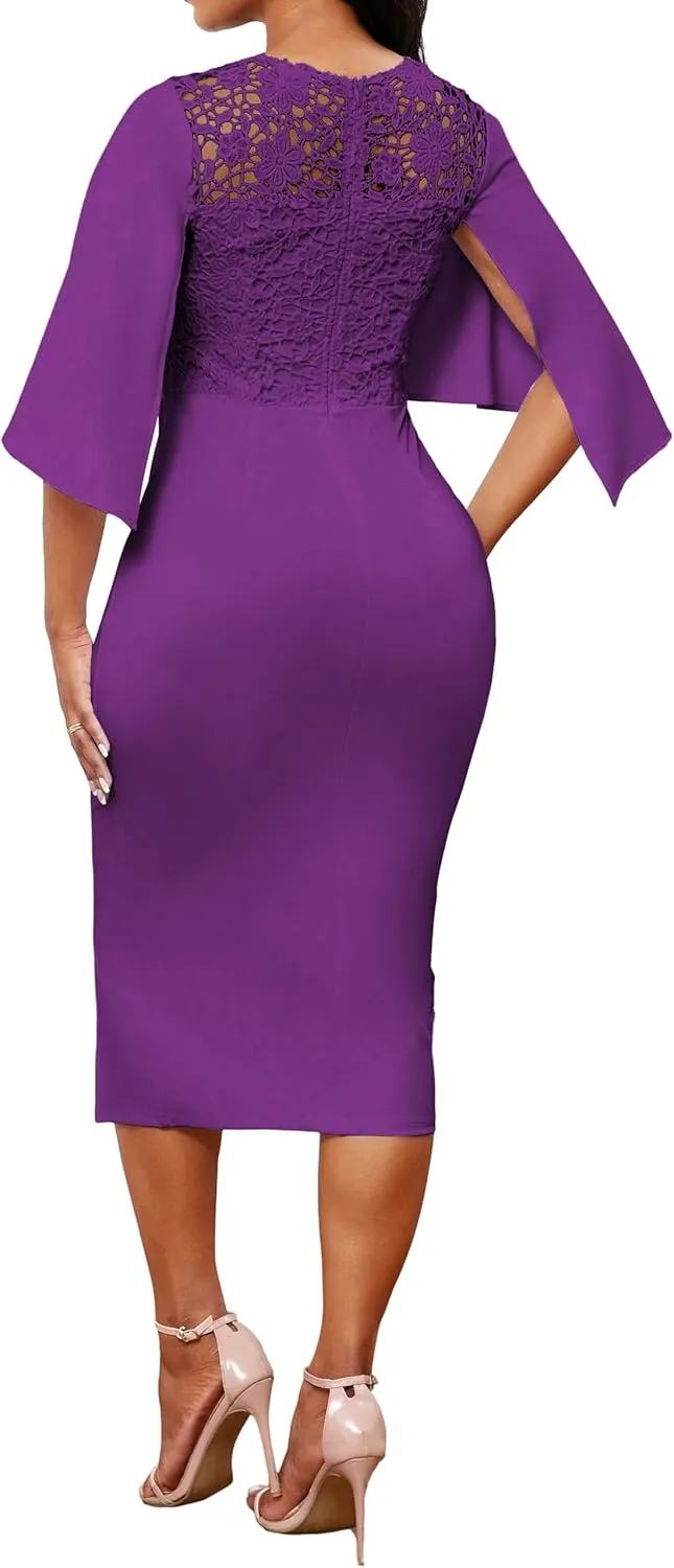 Elegant Dresses for Women Wear to Work Long Sleeve Cocktail Business Knee Length Pencil Lace Dress