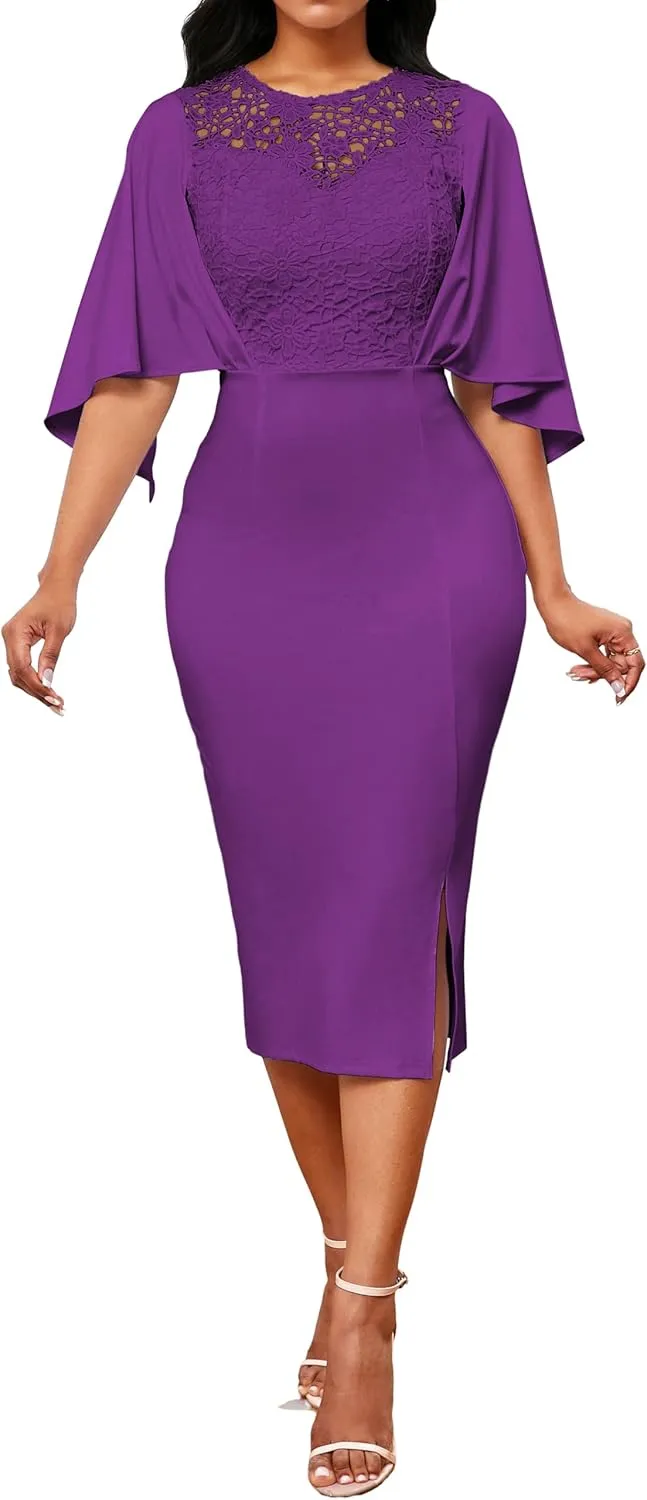 Elegant Dresses for Women Wear to Work Long Sleeve Cocktail Business Knee Length Pencil Lace Dress
