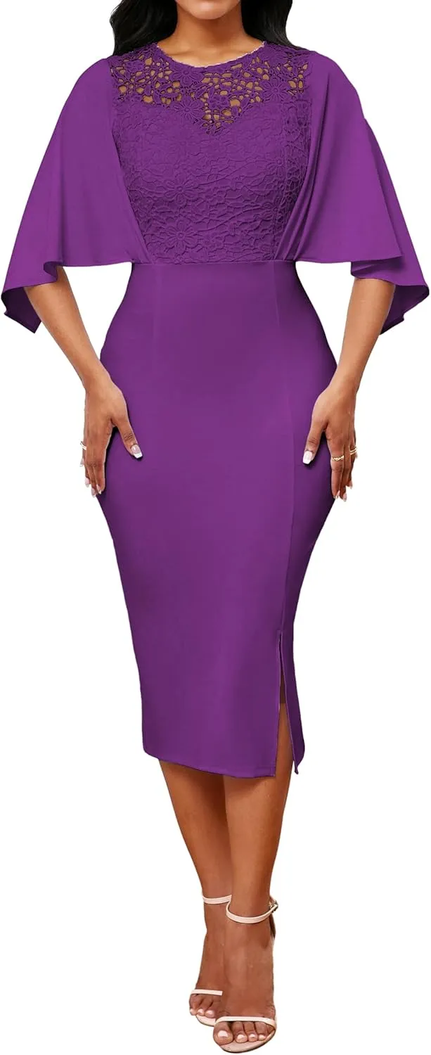 Elegant Dresses for Women Wear to Work Long Sleeve Cocktail Business Knee Length Pencil Lace Dress