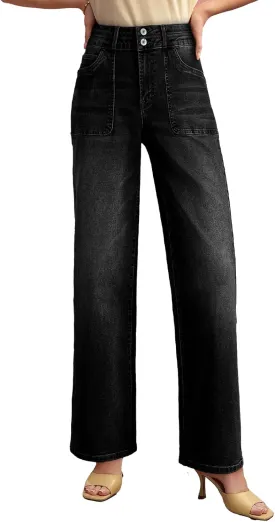 EVALESS Women's Wide Leg Jeans High Waisted Straight Leg Jeans Trendy Stretchy Loose Zimbaplatinum Denim Pants with Pockets