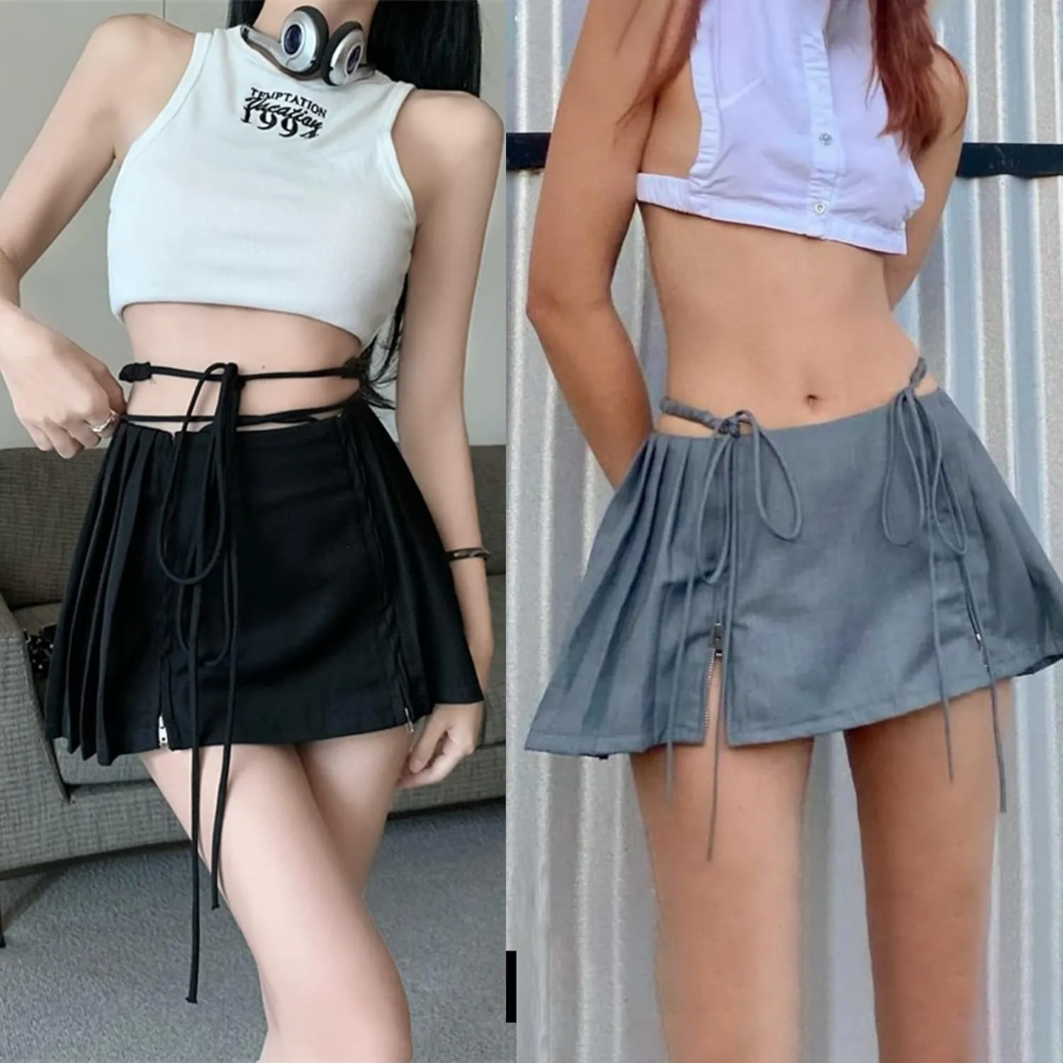 Fanvereka Women Low Waist Pleated Skirt Y2k Cargo Short Denim Skirt Casual Mini A-line Jean Skirt 90s Streetwear