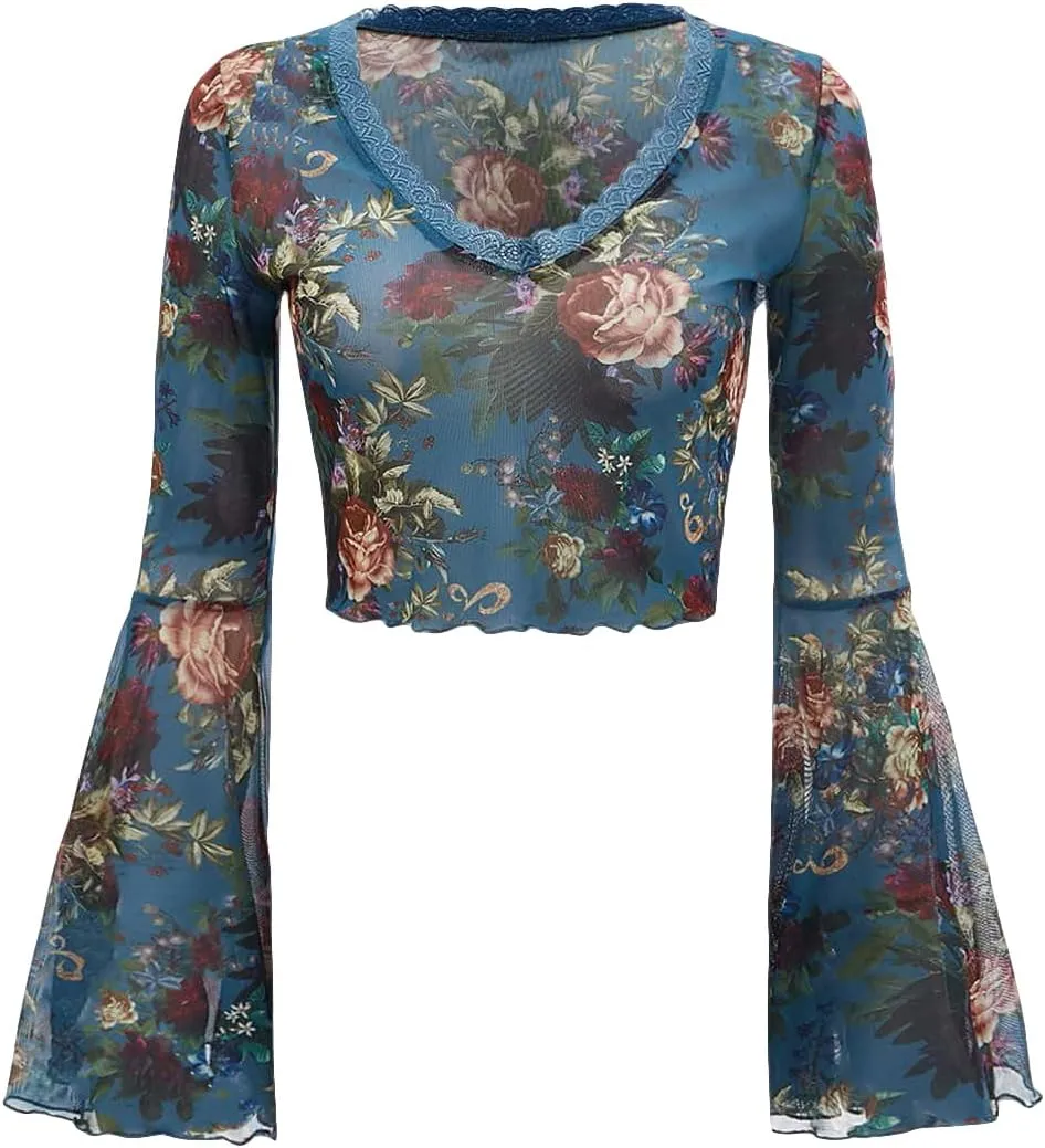 Floerns Women's Floral Print Flare Sleeve Lace Trim Mesh Crop Top Tee Shirts