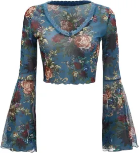 Floerns Women's Floral Print Flare Sleeve Lace Trim Mesh Crop Top Tee Shirts