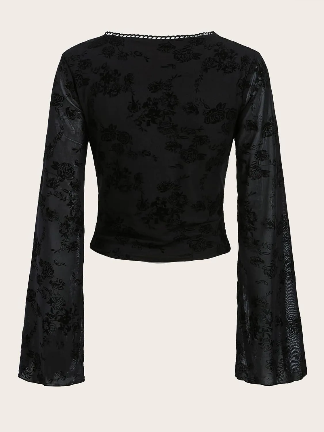 Floerns Women's Floral Print Flare Sleeve Lace Trim Mesh Crop Top Tee Shirts