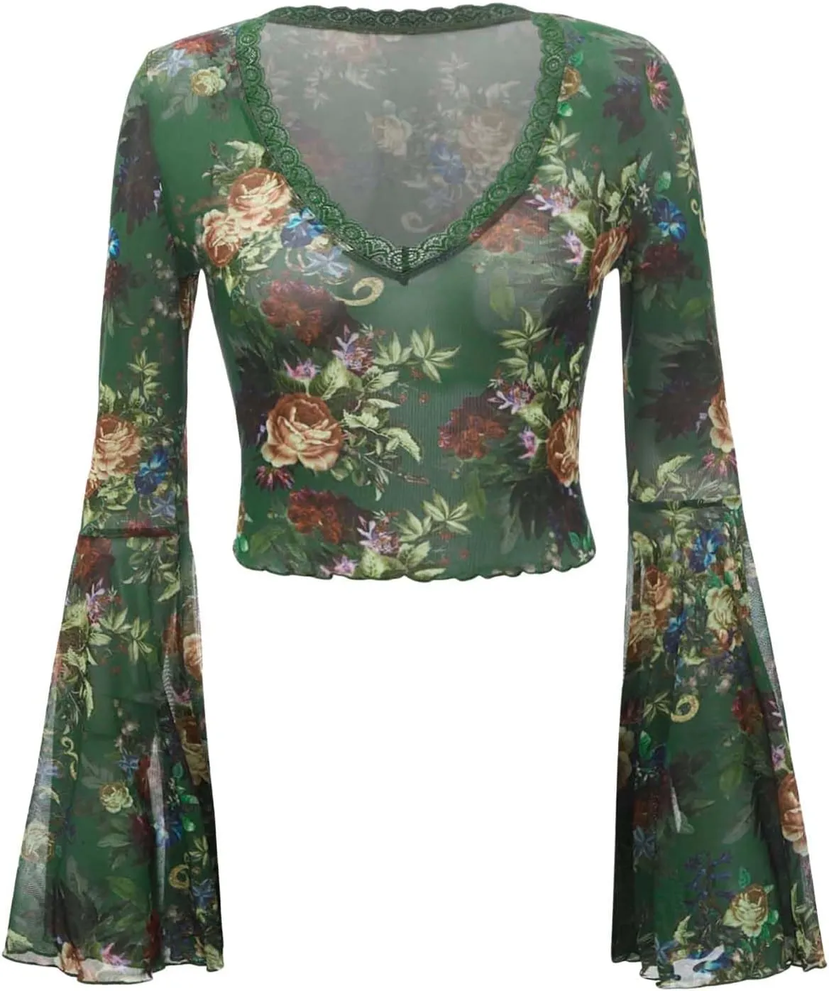 Floerns Women's Floral Print Flare Sleeve Lace Trim Mesh Crop Top Tee Shirts