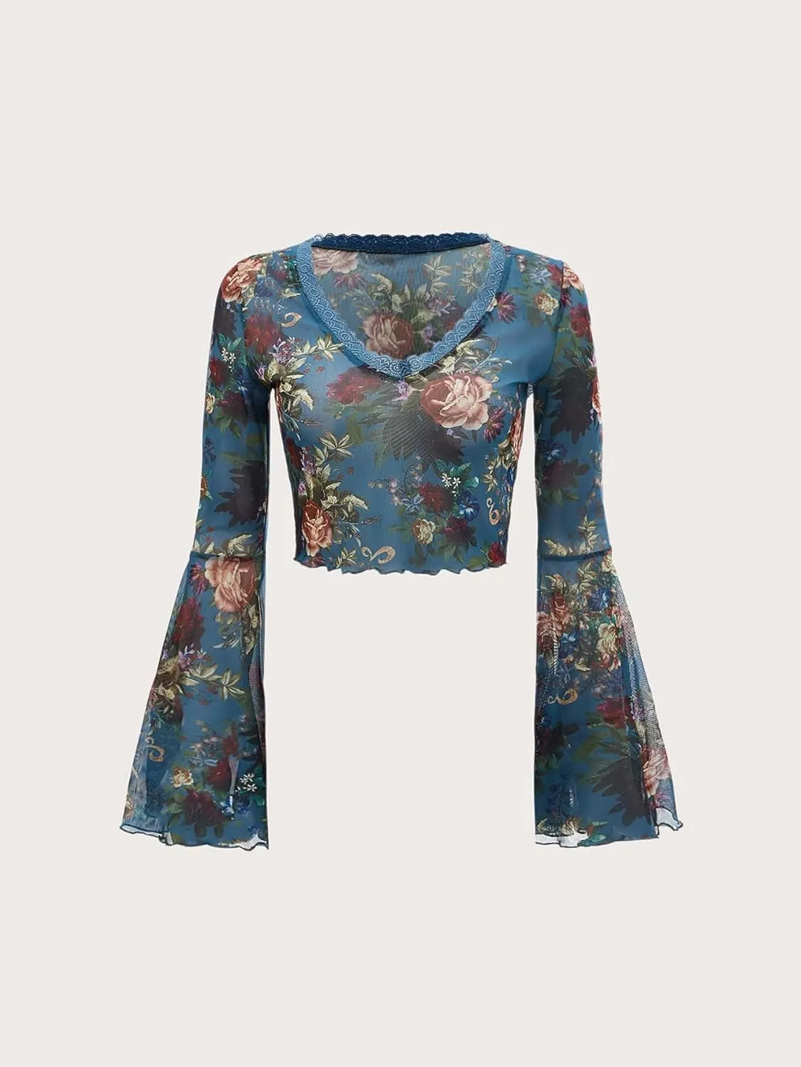 Floerns Women's Floral Print Flare Sleeve Lace Trim Mesh Crop Top Tee Shirts