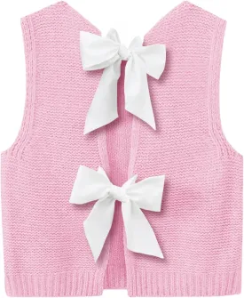 Imily Bela Womens Sweater Vest Top Summer Bow Tie Back Sleeveless Casual Knit Crop Tank Tops