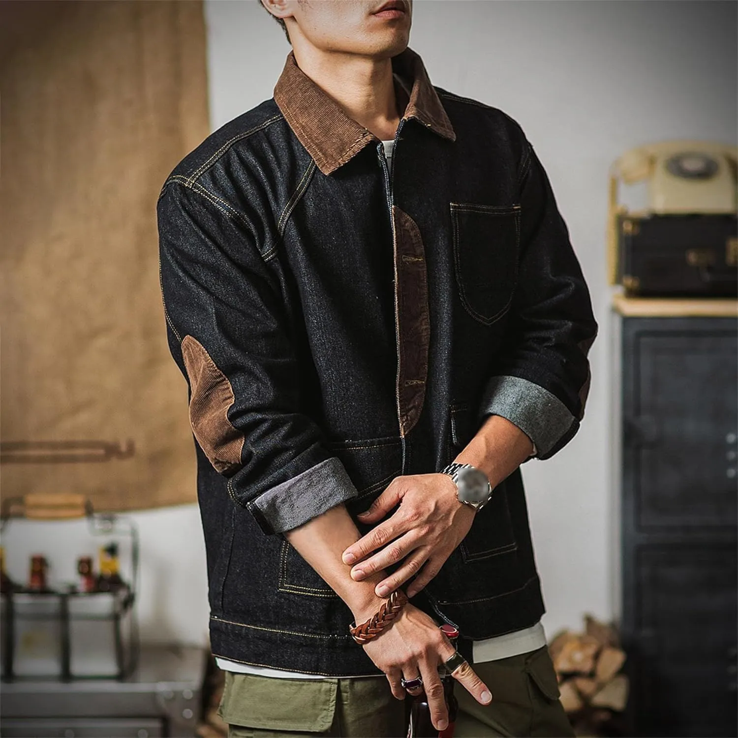 JEKE-DG Men's Casual Trendy Trucker Jeans Jacket Lapel Cowboy Cut Spring Denim Jacket Casual Regular Fit Jean Coat