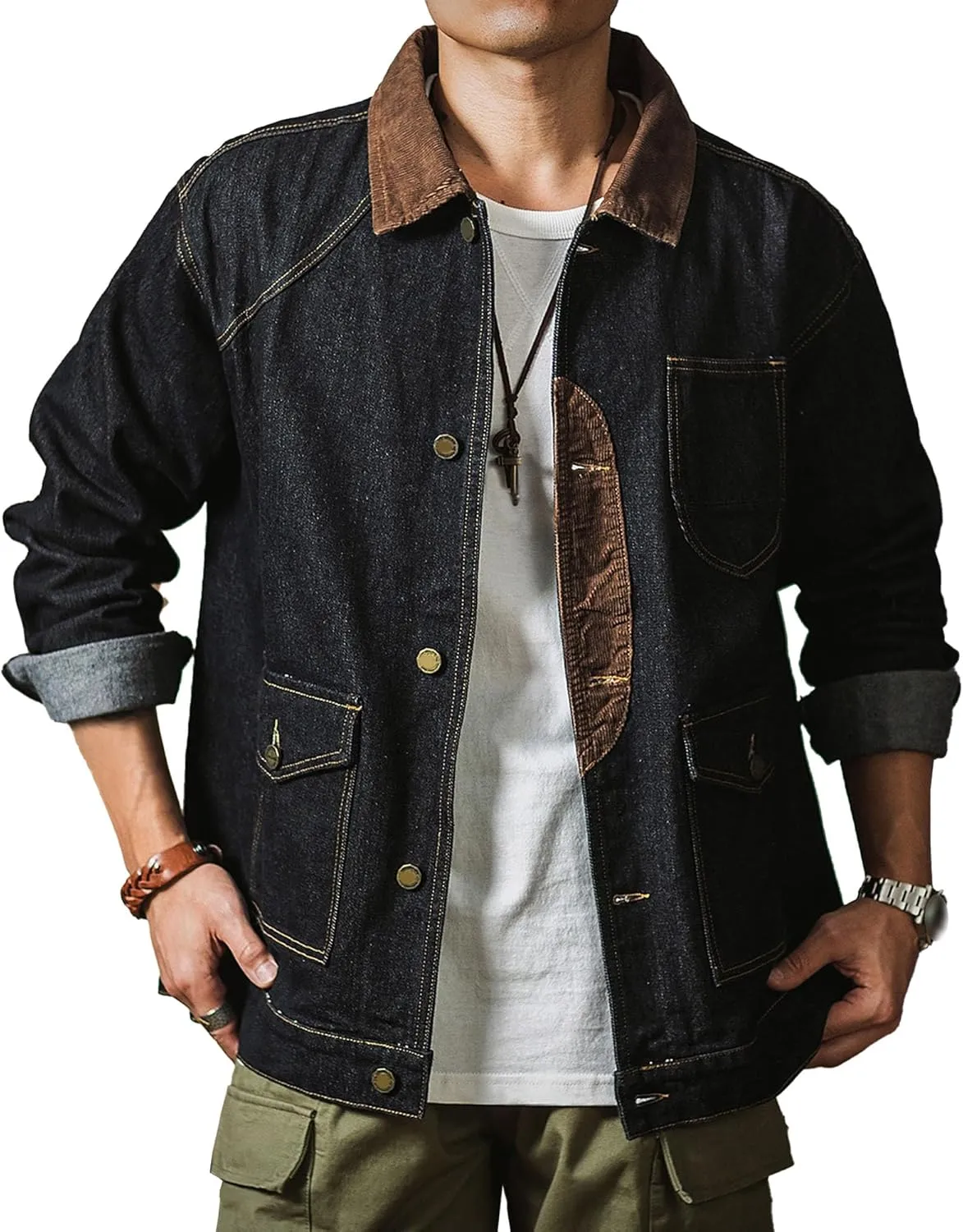 JEKE-DG Men's Casual Trendy Trucker Jeans Jacket Lapel Cowboy Cut Spring Denim Jacket Casual Regular Fit Jean Coat