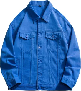 JEKE-DG Men's Stylish Loose Fit Casual Jeans Jacket Button Down Trucker Moto Denim Jacket Solid Lapel Comfort Jean Coat