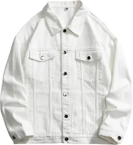 JEKE-DG Men's Stylish Loose Fit Casual Jeans Jacket Button Down Trucker Moto Denim Jacket Solid Lapel Comfort Jean Coat