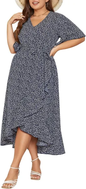Keluummi Plus Size Wedding Guest Maxi Dress for Curvy Women, Summer Casual Boho Floral Long Wrap Dress with Sleeve and Pocket