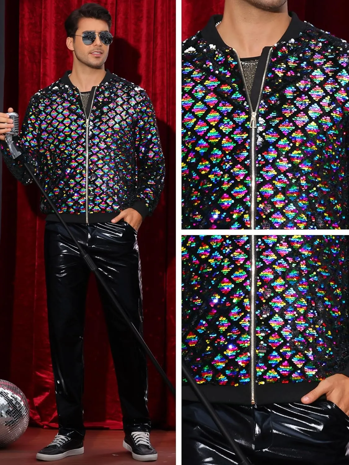 Lars Amadeus Argyle Sequin Bomber Jacket for Men's Party Club Shiny Baseball Varsity Jacket