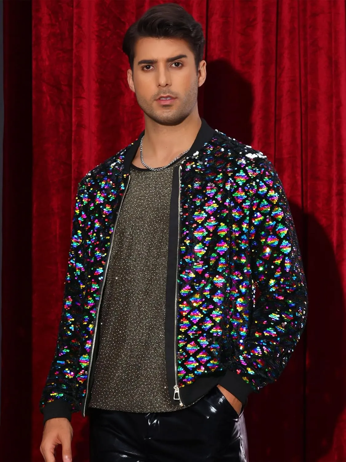 Lars Amadeus Argyle Sequin Bomber Jacket for Men's Party Club Shiny Baseball Varsity Jacket