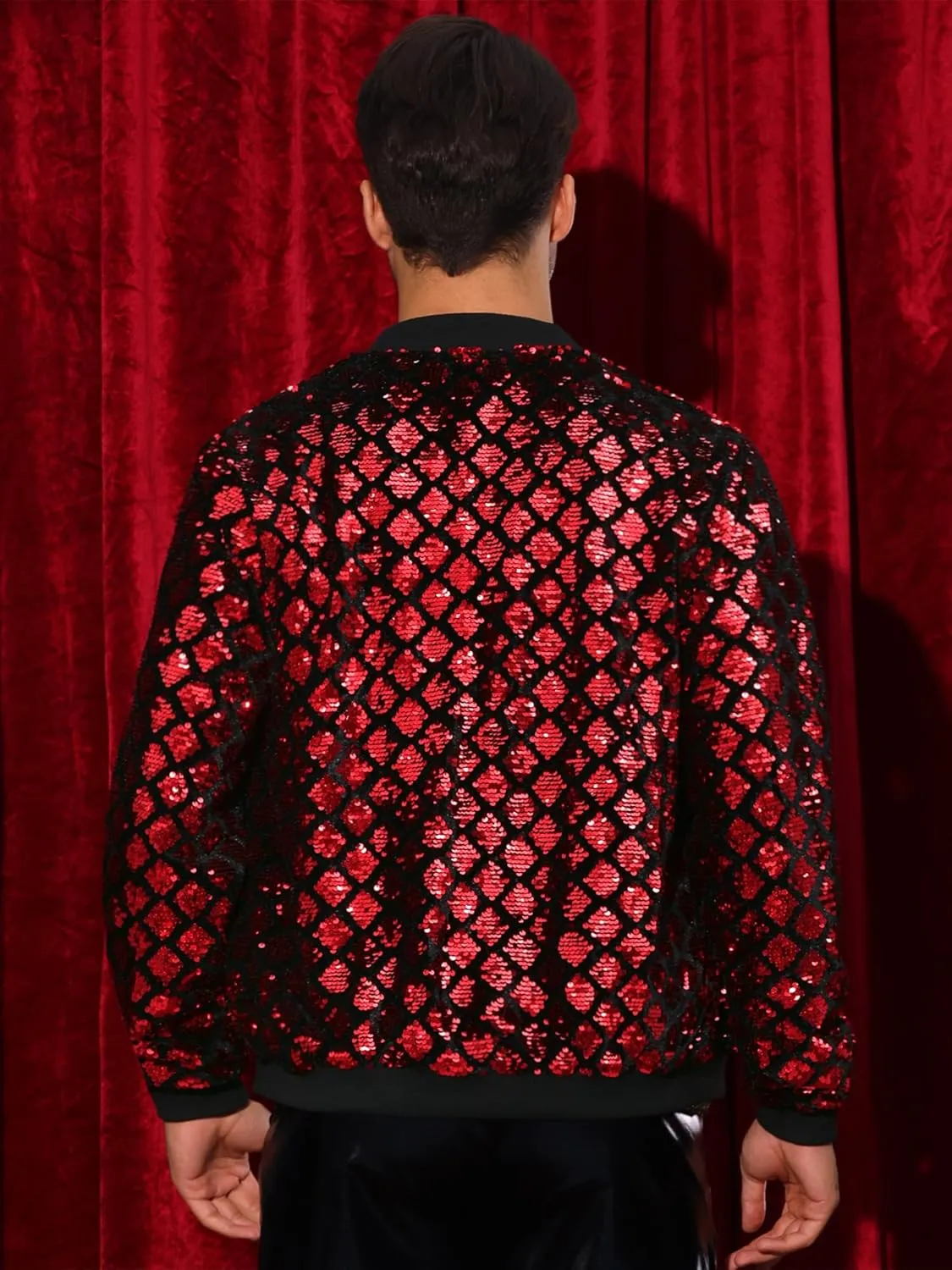 Lars Amadeus Argyle Sequin Bomber Jacket for Men's Party Club Shiny Baseball Varsity Jacket