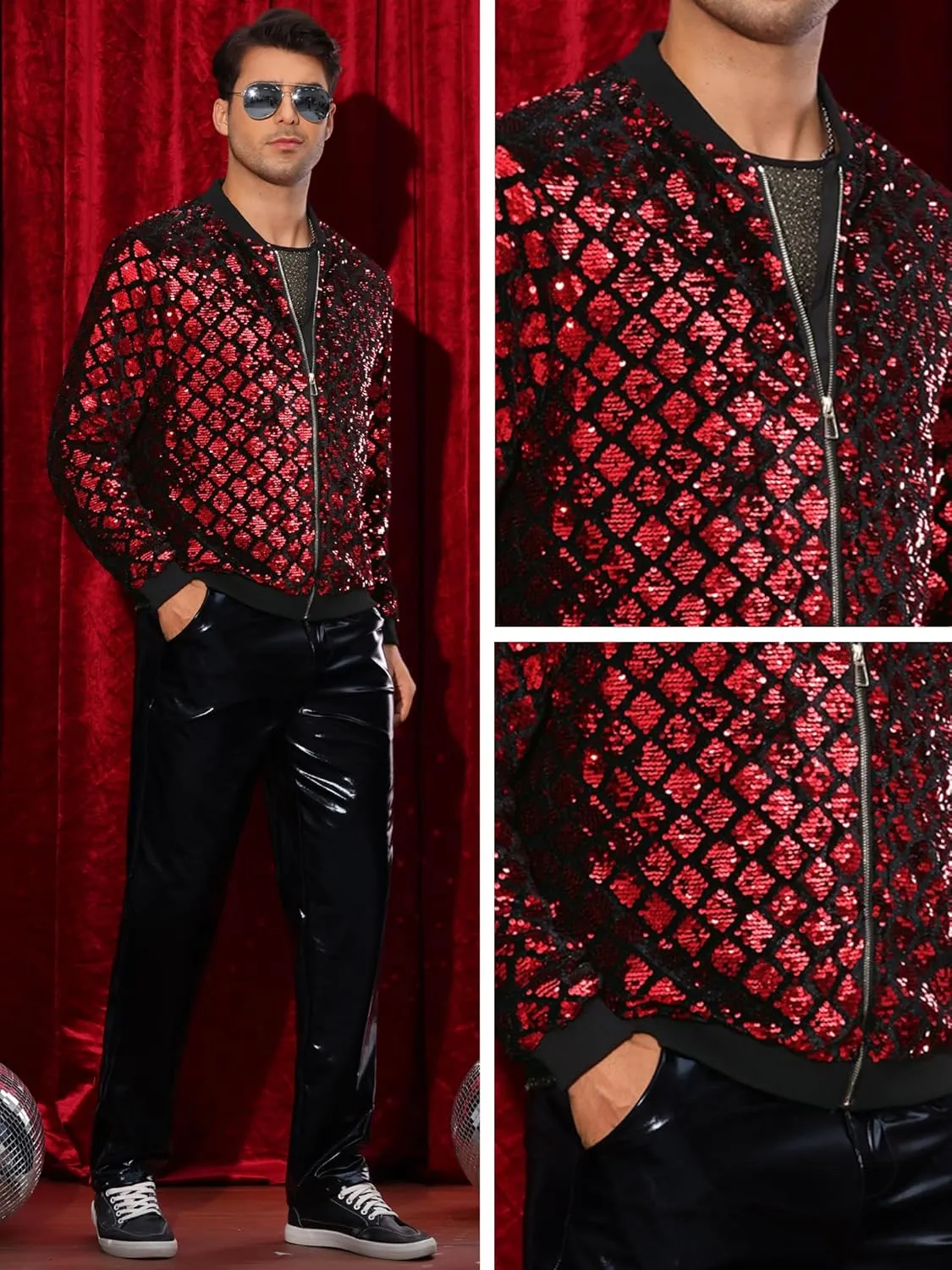 Lars Amadeus Argyle Sequin Bomber Jacket for Men's Party Club Shiny Baseball Varsity Jacket