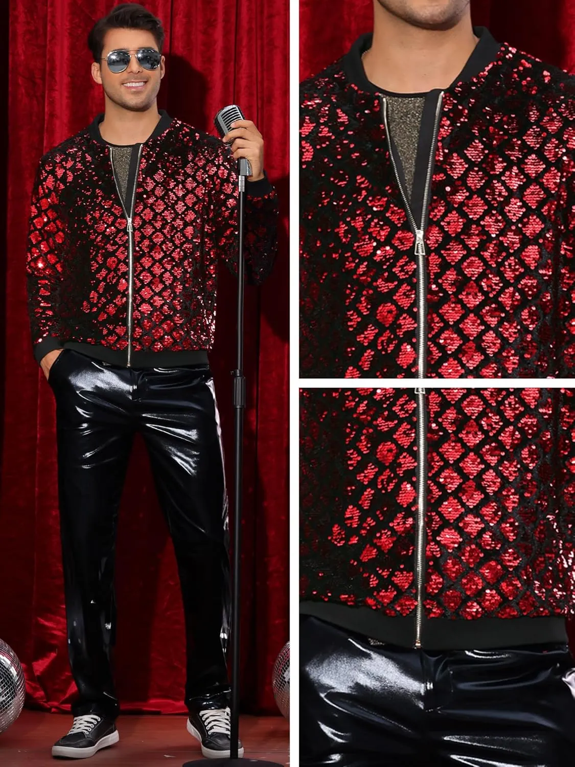 Lars Amadeus Argyle Sequin Bomber Jacket for Men's Party Club Shiny Baseball Varsity Jacket