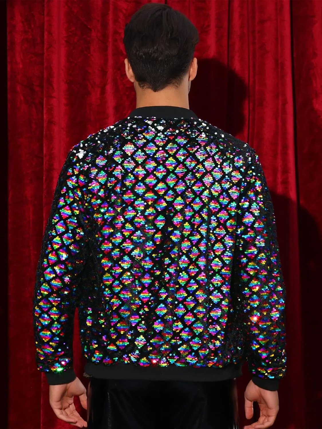 Lars Amadeus Argyle Sequin Bomber Jacket for Men's Party Club Shiny Baseball Varsity Jacket