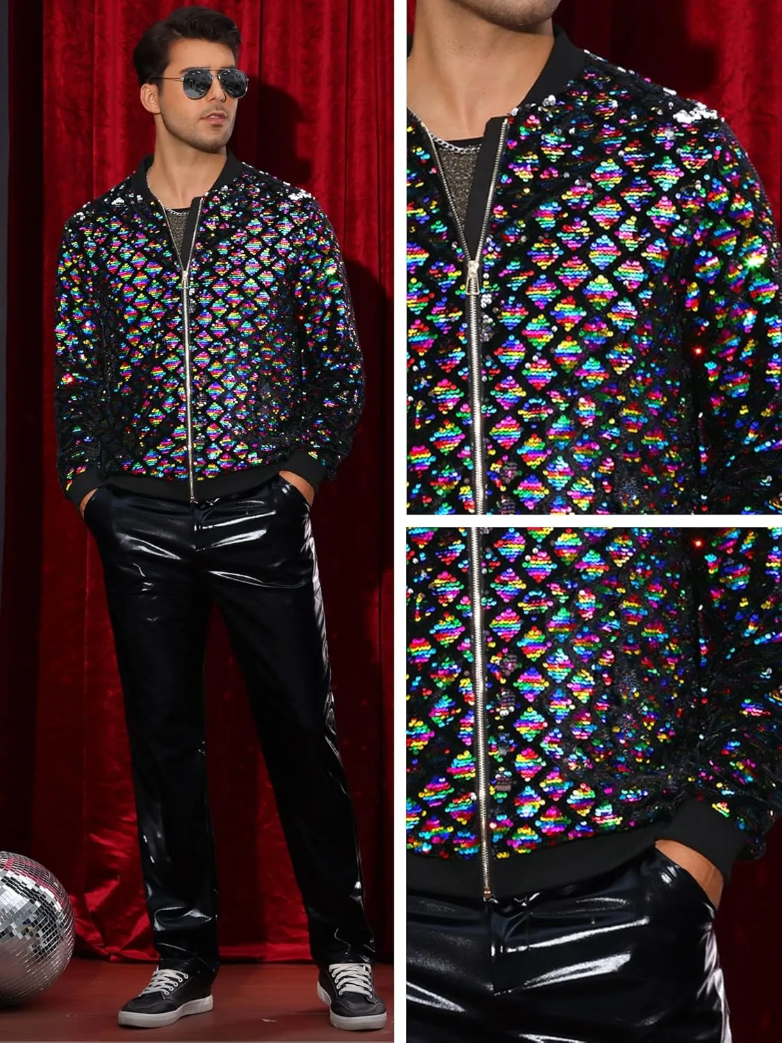 Lars Amadeus Argyle Sequin Bomber Jacket for Men's Party Club Shiny Baseball Varsity Jacket