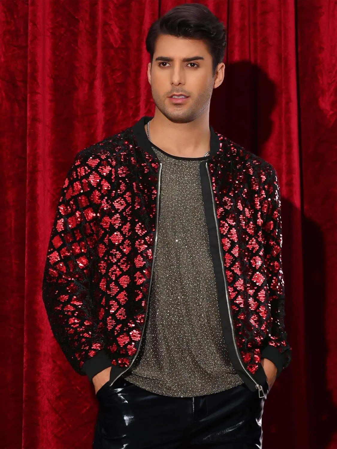 Lars Amadeus Argyle Sequin Bomber Jacket for Men's Party Club Shiny Baseball Varsity Jacket